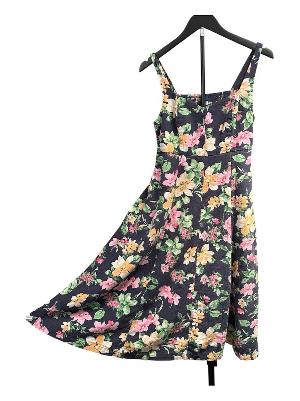 Navy Floral Sundress Pink/Yellow/Green Midi A-line S/P Cottagecore Resortwear